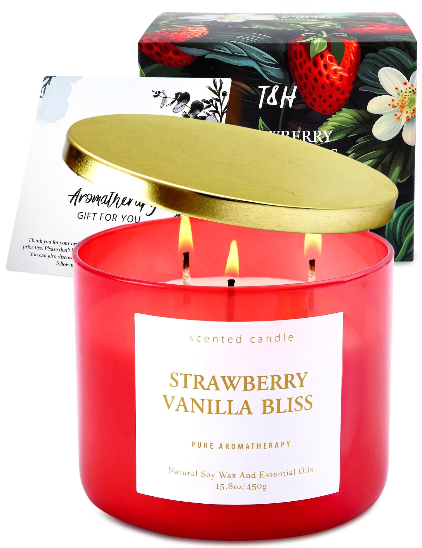 Strawberry Vanilla Bliss 3-Wick Soy Candle – 15.8 oz | Relaxing Home Aromatherapy