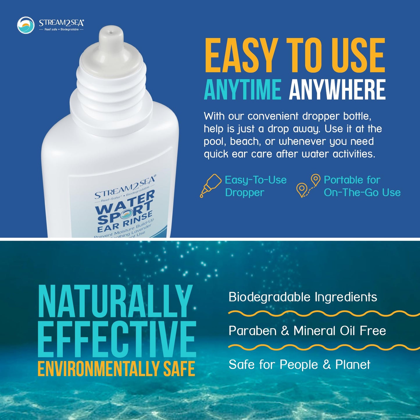Stream2Sea Water Sport Ear Rinse (3 Pack) – Biodegradable Ear Drops with Oregano & Lavender Oils