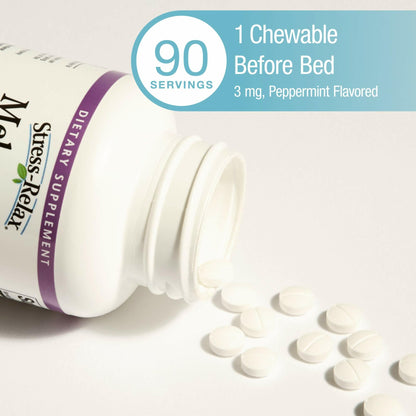 Natural Factors Stress-Relax Melatonin 3 mg – Sleep Aid, 90 Peppermint Chewable Tablets, Resets Sleep-Wake Cycle
