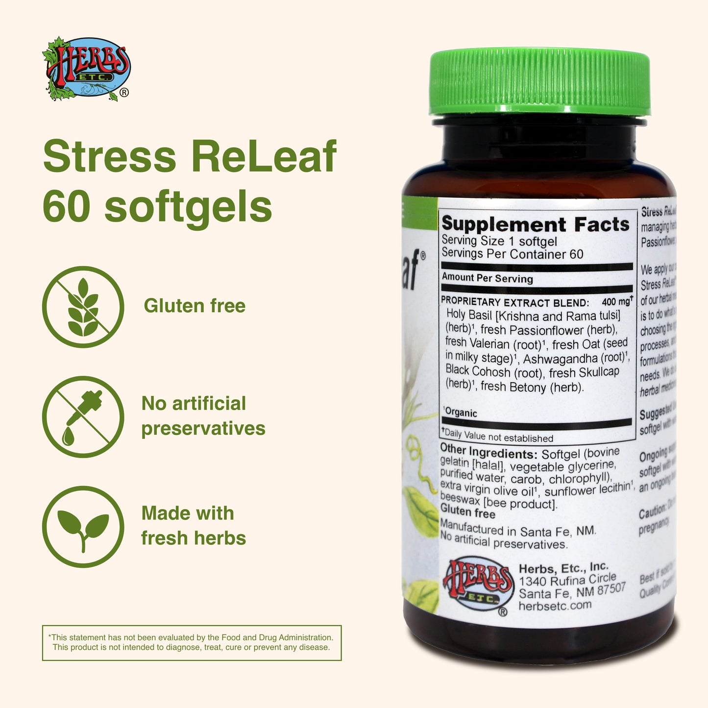 Herbs Etc. Stress ReLeaf - Herbal Stress Support Supplement | Relaxation & Gluten-Free | 60 Softgels (60 Servings)