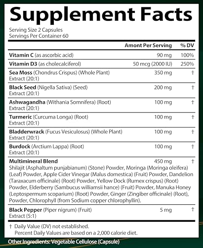 Sea Moss + Black Seed Oil Capsules with Ashwagandha & Ginger – Organic Multimineral Sea Moss (120 Capsules) USA