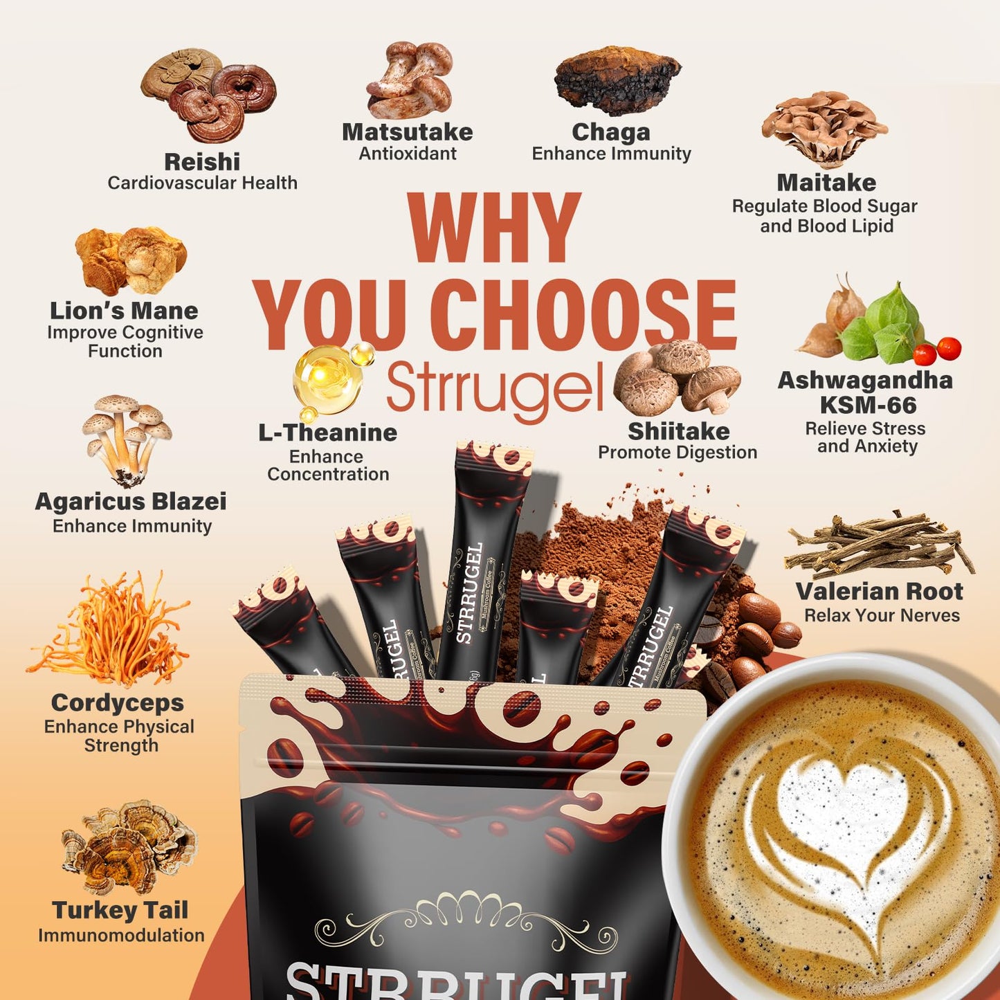 Strrugel Organic Mushroom Coffee with Lion’s Mane & Reishi – 32 Servings