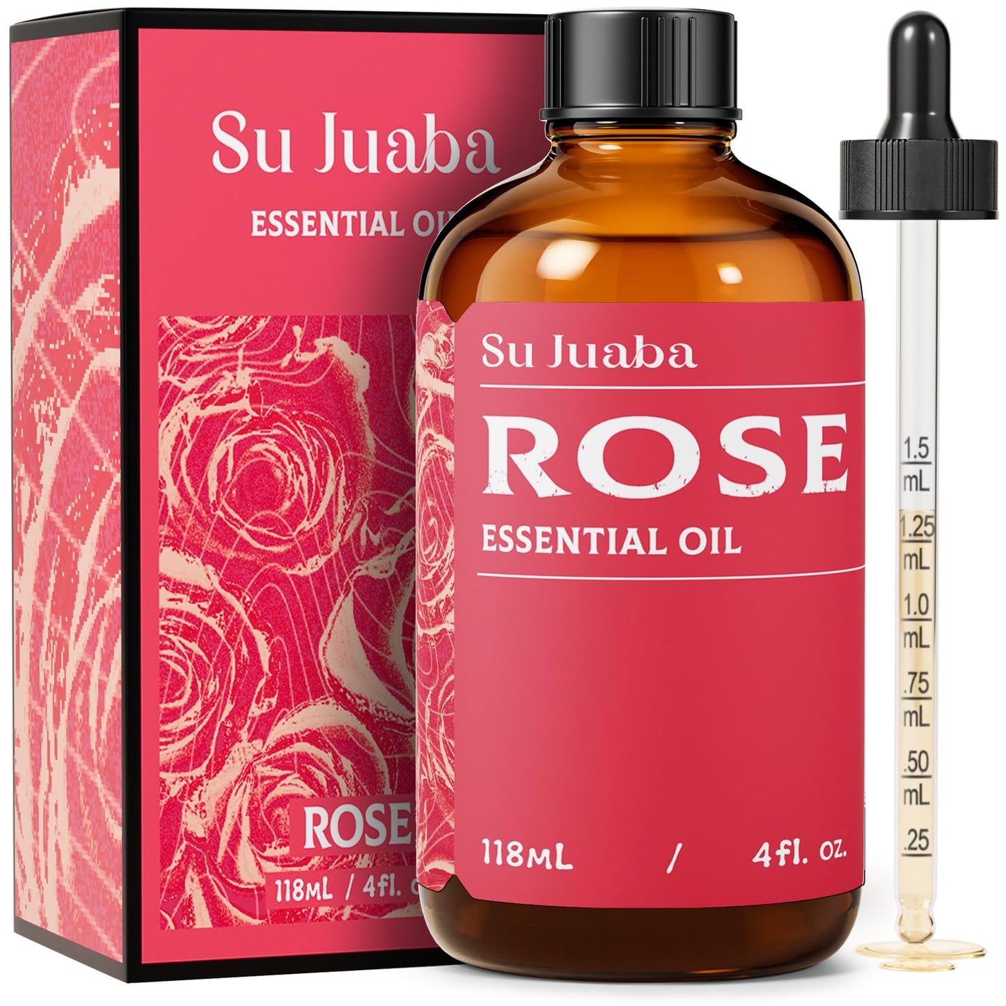 SU JUABA Rose Essential Oil - 4oz (118ml) Pure for Face, Skin & Hair