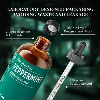 SU JUABA Peppermint Essential Oil - 4 oz / 118 ml, 100% Pure & Natural for Aromatherapy, Diffuser, Skin & Hair