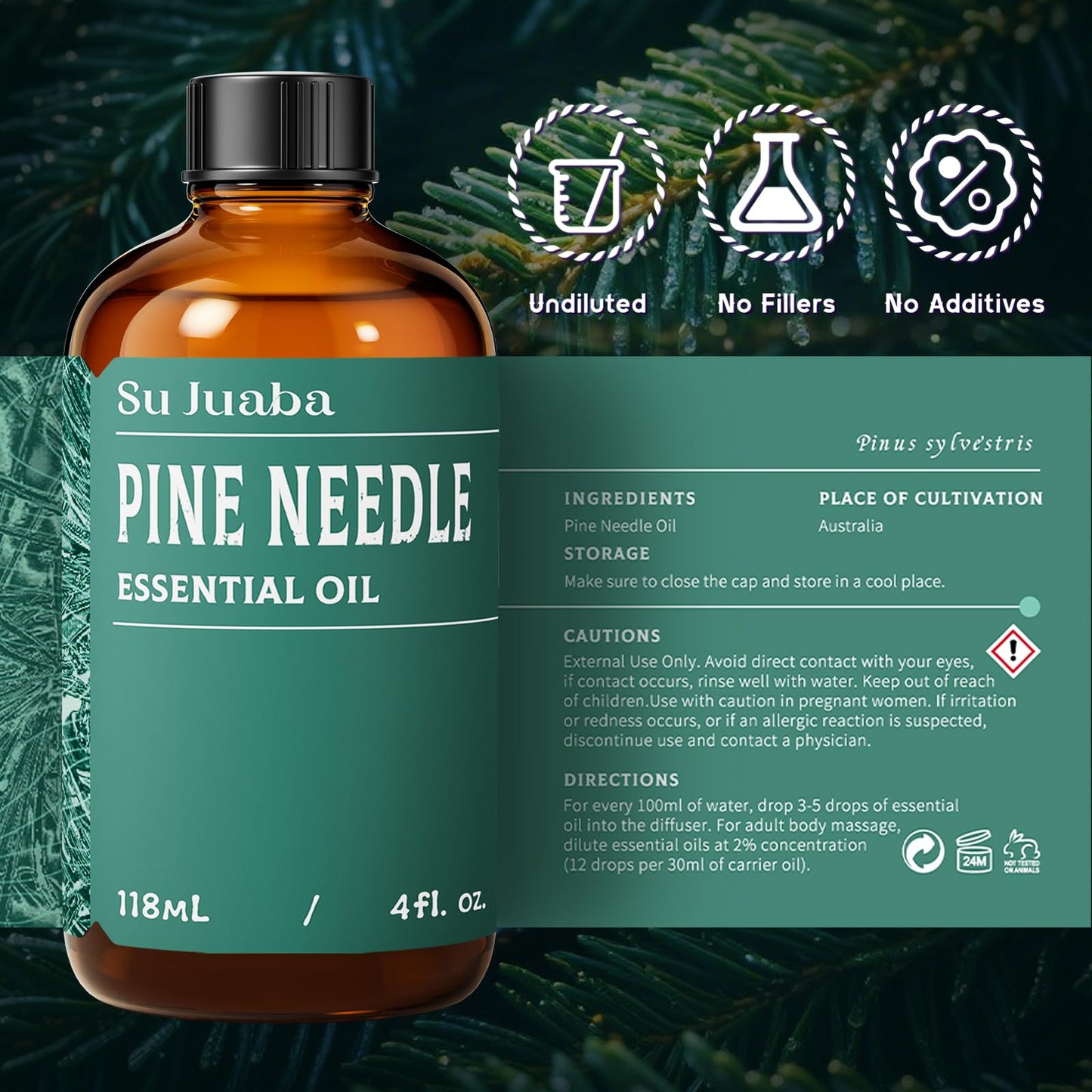 SU JUABA Pine Needle Essential Oil - 4 fl oz / 118 ml - 100% Natural Aromatherapy for Diffuser, Skin, Hair, Candles & Soap