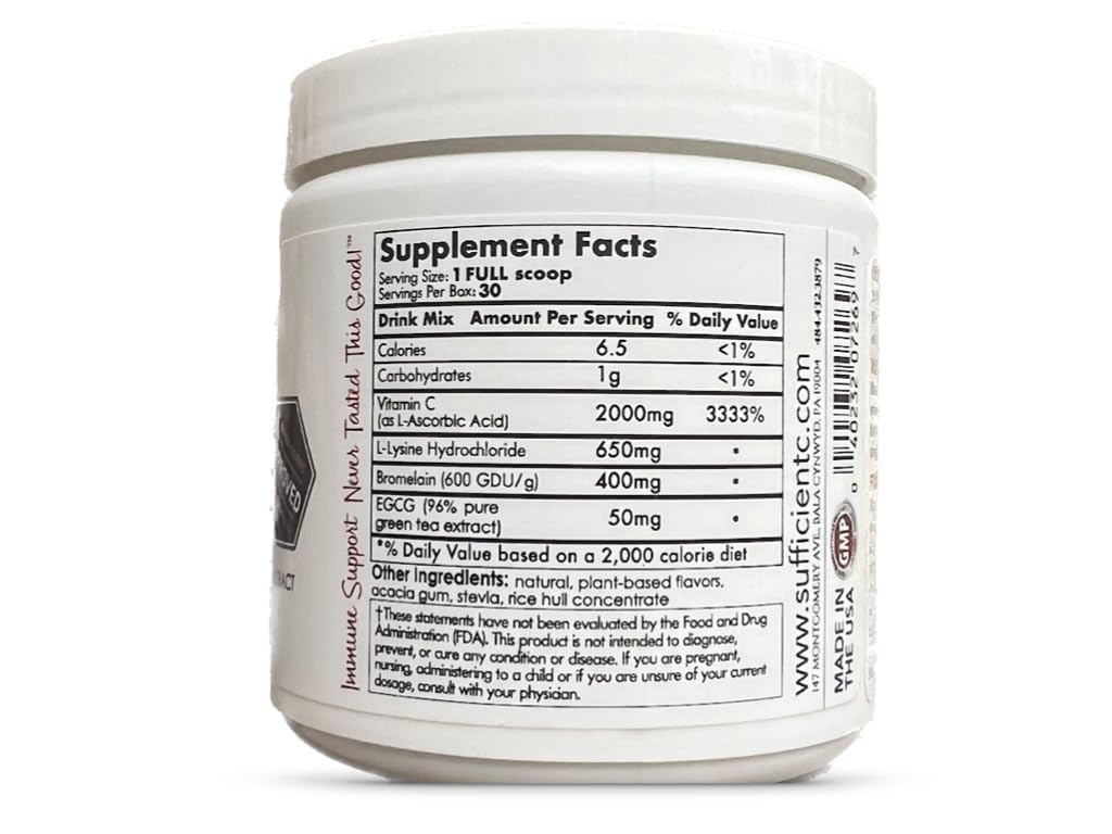 Sufficient-C High-Dose Vitamin C Lemon Peach Immune-Ade – 125g, Non-GMO