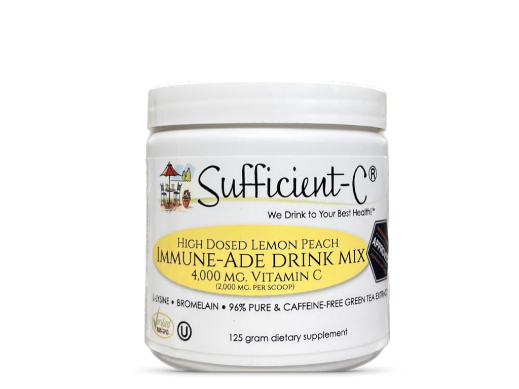 Sufficient-C High-Dose Vitamin C Lemon Peach Immune-Ade – 125g, Non-GMO