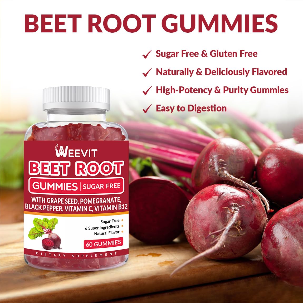Sugar Free Beet Gummies with Grape Seed, Pomegranate & Vitamin C | Nitric Oxide Booster