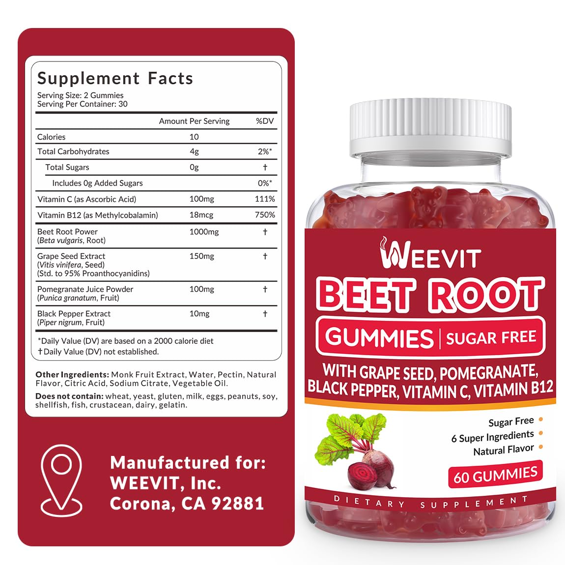 Sugar Free Beet Gummies with Grape Seed, Pomegranate & Vitamin C | Nitric Oxide Booster