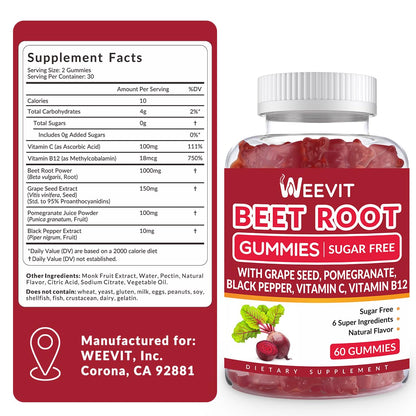 Sugar Free Beet Gummies with Grape Seed, Pomegranate & Vitamin C | Nitric Oxide Booster