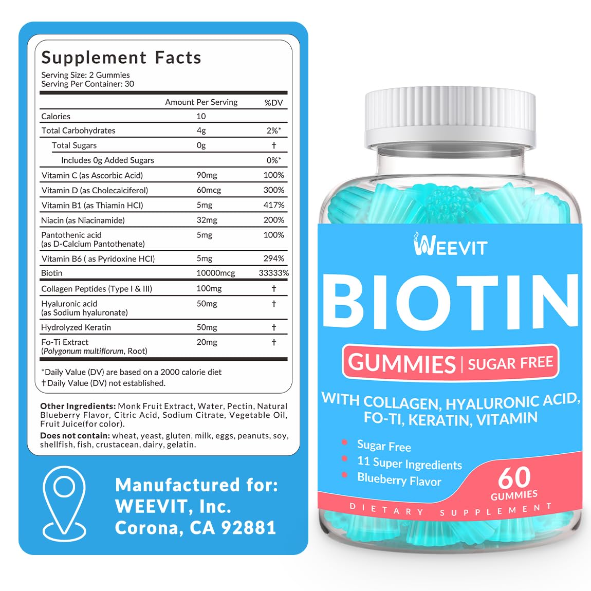 Biotin Gummies for Hair, Nails & Skin – Sugar Free, Gluten Free | Collagen & Biotin Vitamins
