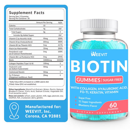 Biotin Gummies for Hair, Nails & Skin – Sugar Free, Gluten Free | Collagen & Biotin Vitamins