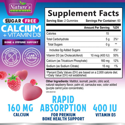 Calcium Gummies with Vitamin D3 (400 IU) - Sugar Free, 120 Count | Supports Immune Health & Bones