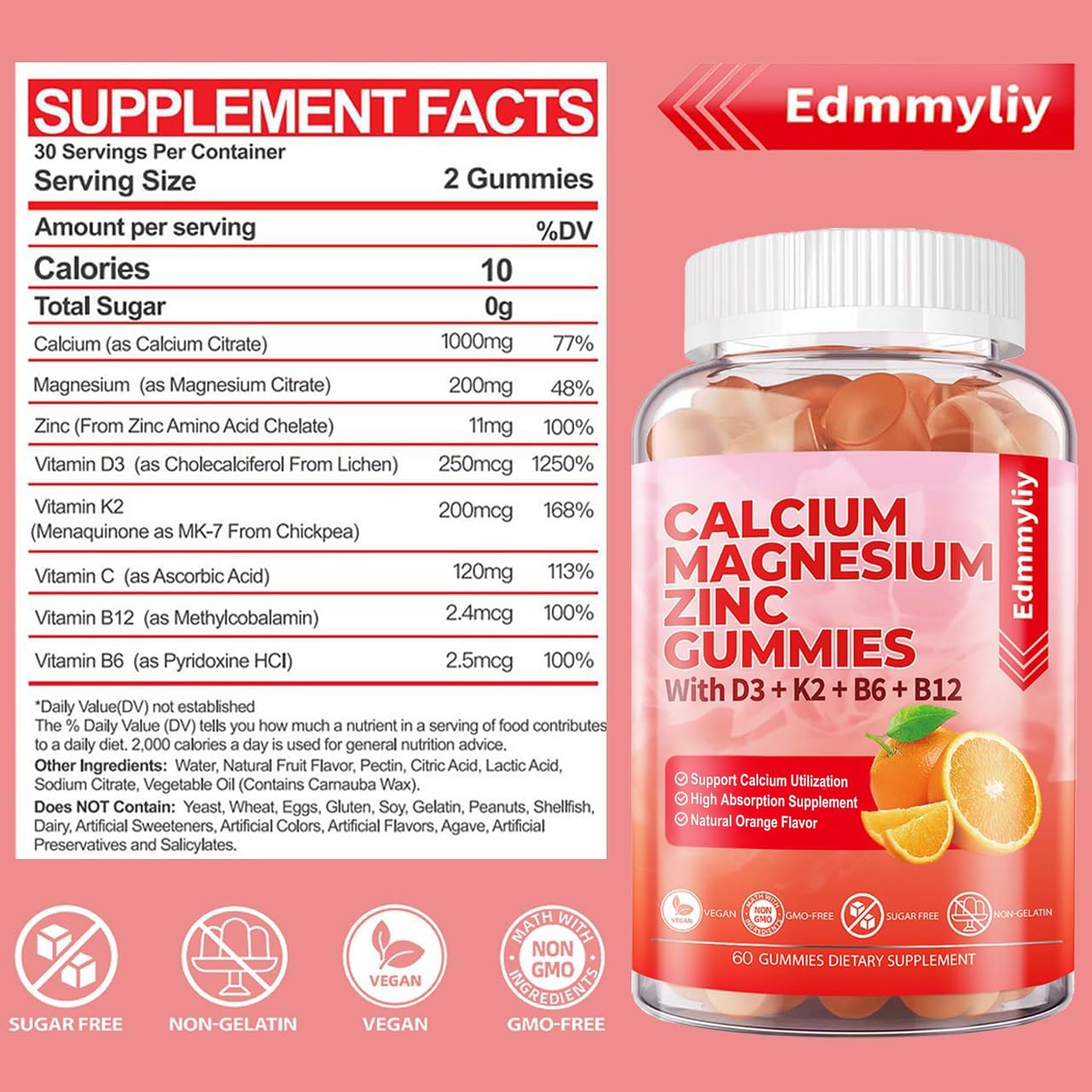 Sugar Free Calcium Magnesium Zinc Gummies with Vitamin D3 & B12 – Immune Support (120 Count)
