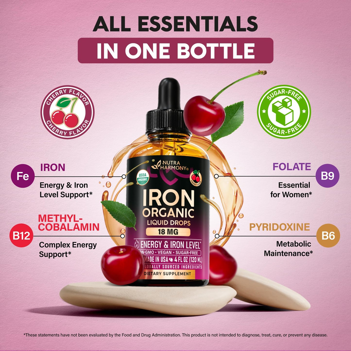 Liquid Iron Drops for Women 18 mg – USDA Organic, USA-Made, Cherry Flavor