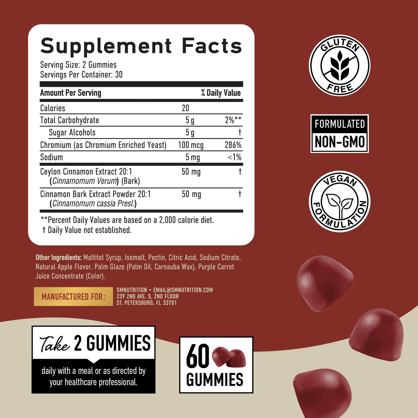 Sugar-Free Cinnamon Gummies 2000MG – Ceylon & Cassia Cinnamon Complex | Vegan, Gluten-Free | 60 Gummies