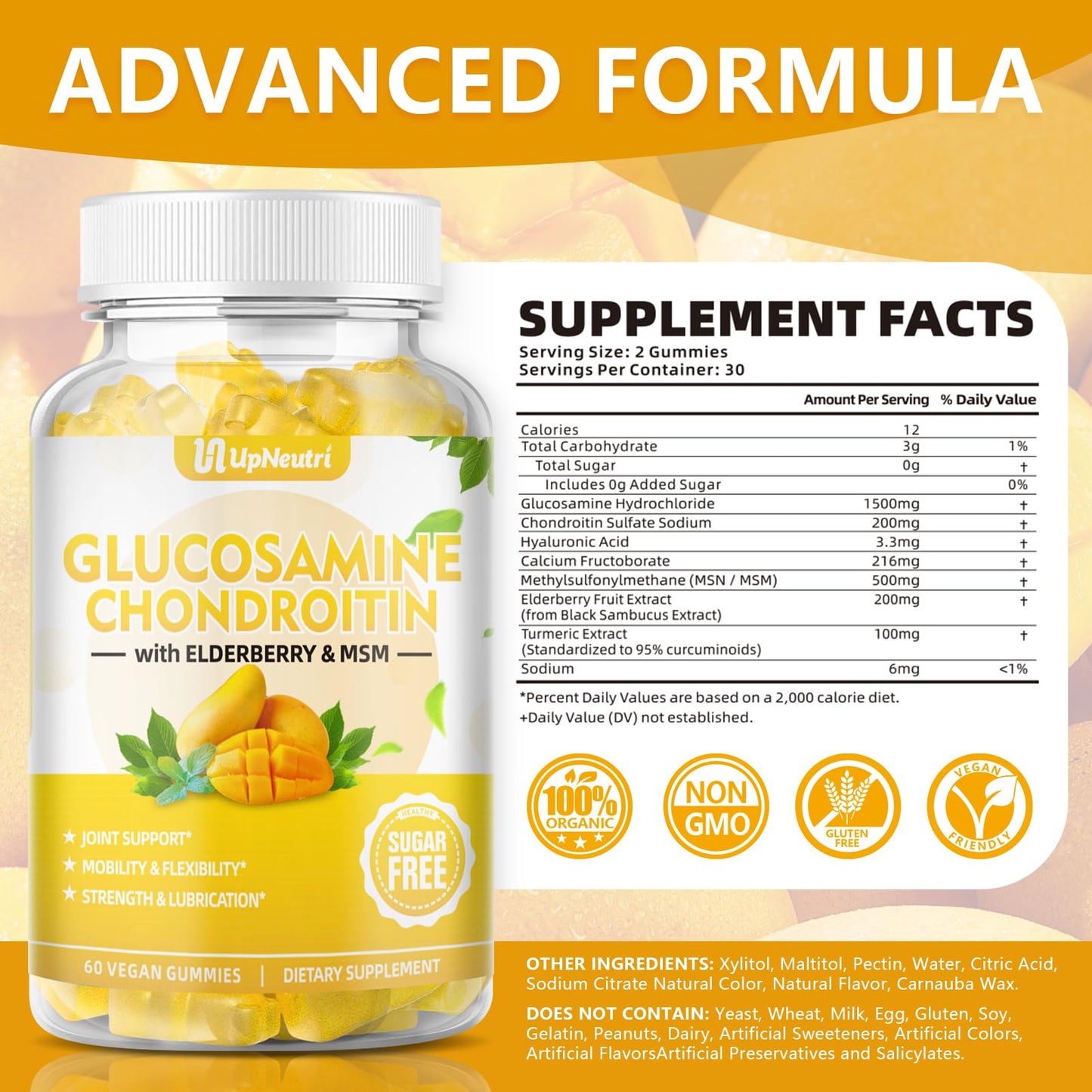 Sugar Free Glucosamine Chondroitin Gummies – Extra Strength 1500mg | Joint Support for Men & Women