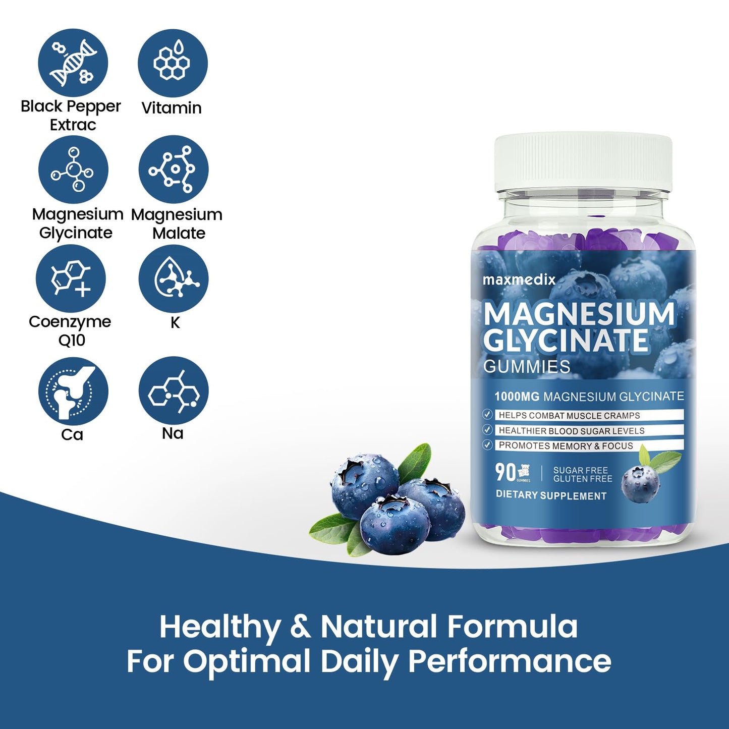 Magnesium Glycinate Gummies 1000mg — Sugar Free Potassium Magnesium Chewables (90 Gummies) with L-Threonate