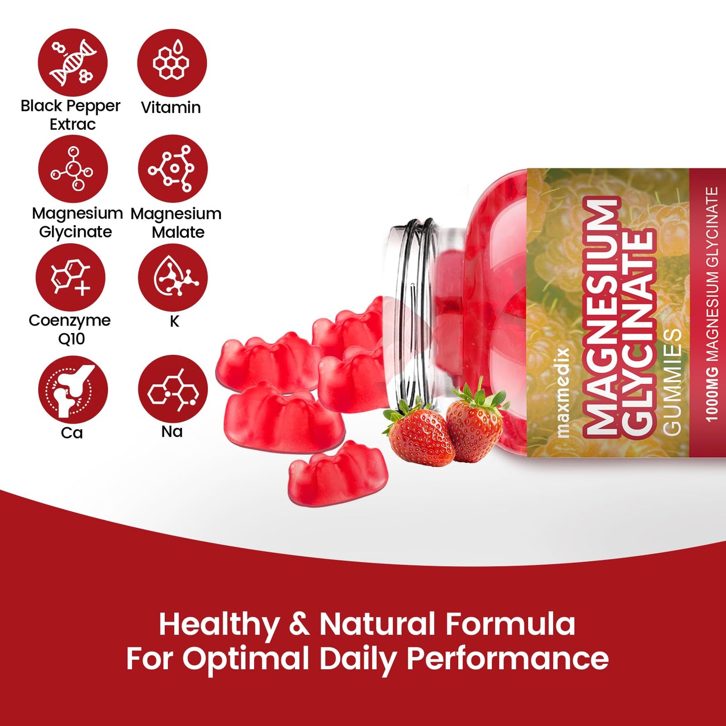 Magnesium Glycinate Gummies 1000mg – Sugar Free Sleep Support | 90 Strawberry Gummies