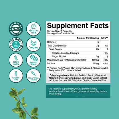 Sugar Free Magnesium Gummies for Adults - Vegan Citrate, 180mg Elemental | Berry Flavor | Non-GMO, Halal, Gluten Free (2 Months)