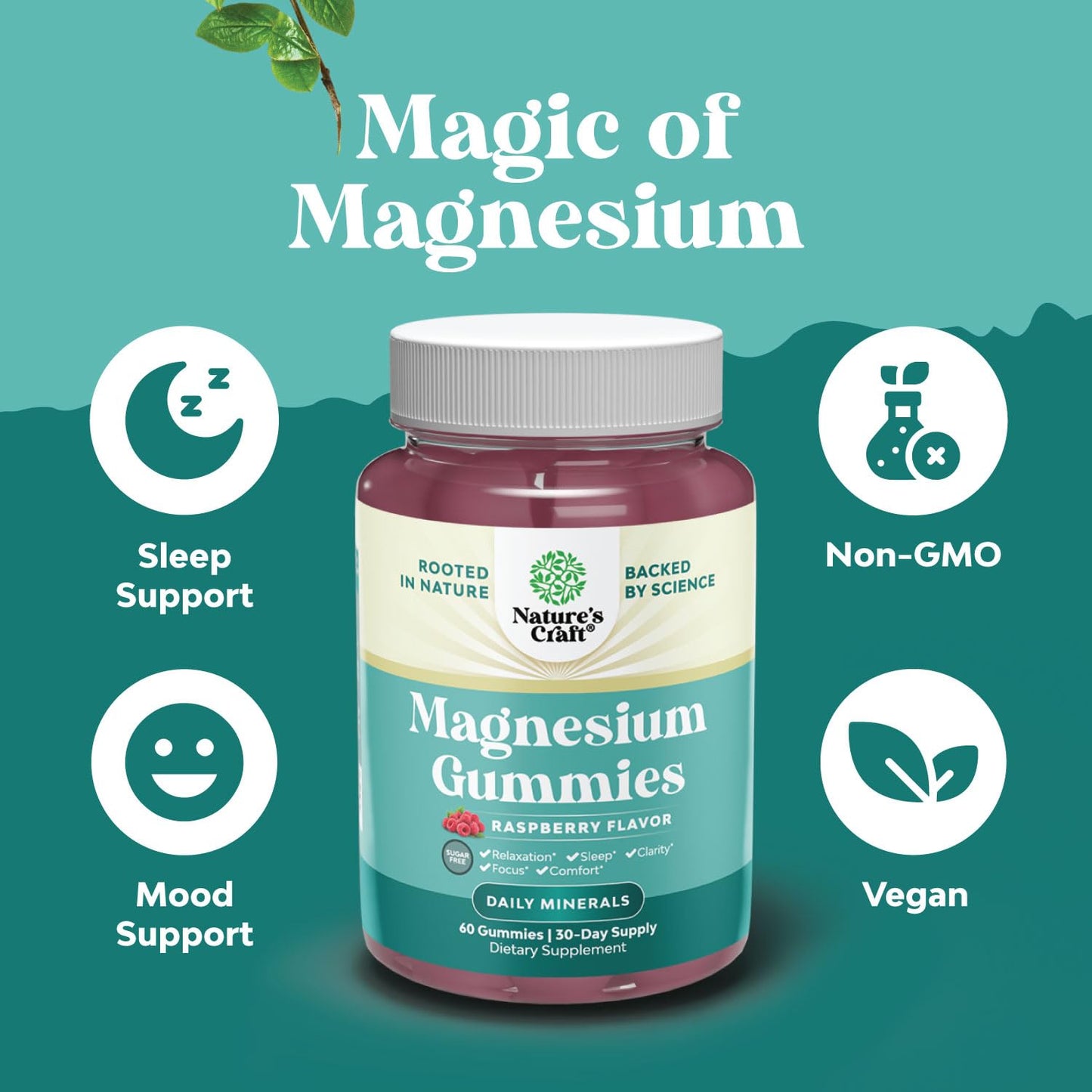 Sugar Free Magnesium Gummies for Adults - Vegan Citrate, 180mg Elemental | Berry Flavor | Non-GMO, Halal, Gluten Free (2 Months)