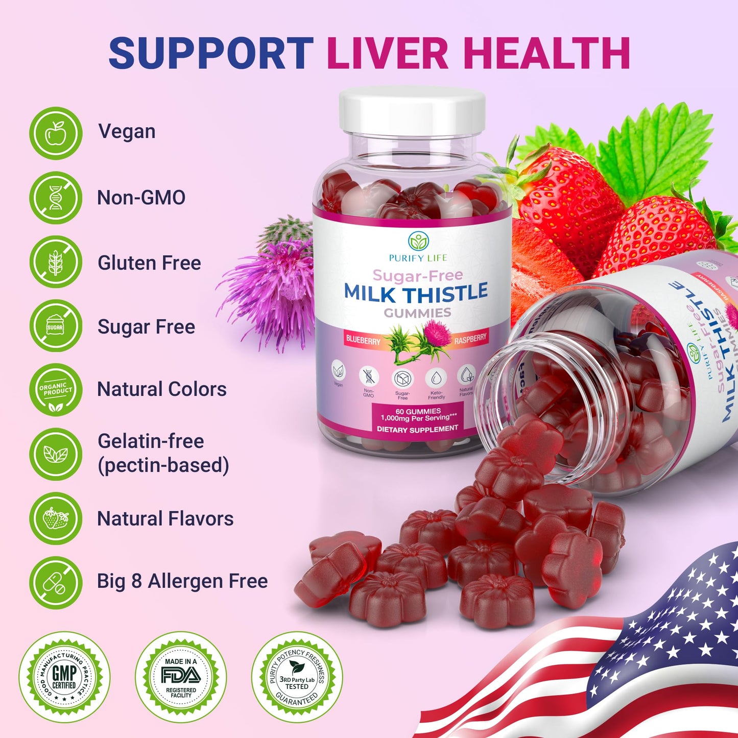 Sugar-Free Milk Thistle Gummies for Liver Detox & Repair – Blueberry-Raspberry Flavor (Vegan Cardo Mariano)