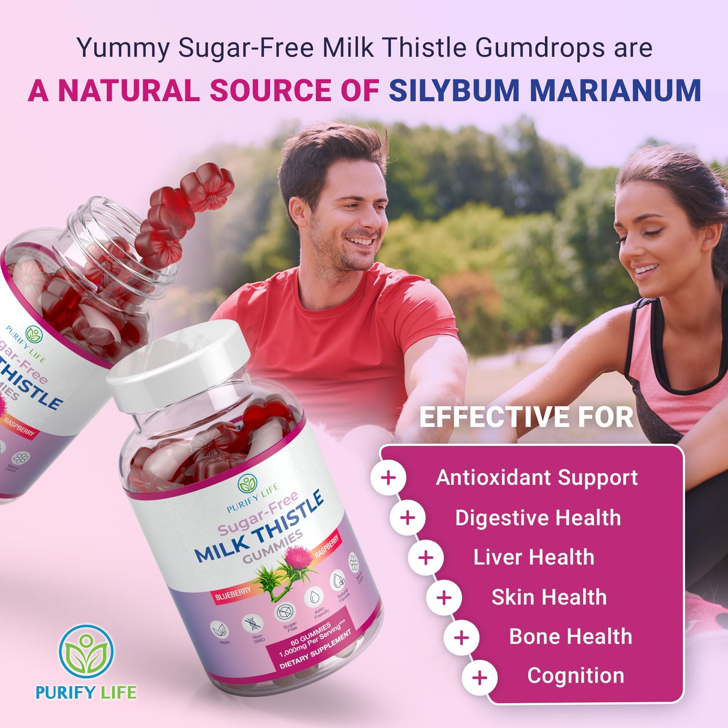 Sugar-Free Milk Thistle Gummies for Liver Detox & Repair – Blueberry-Raspberry Flavor (Vegan Cardo Mariano)