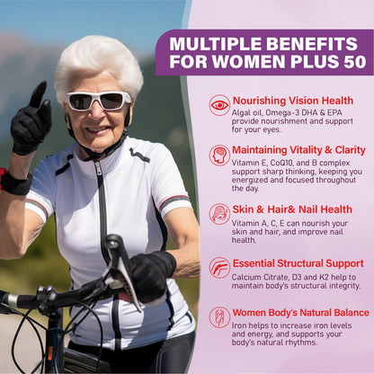 Multivitamin Gummies for Women 50+ | Omega-3, CoQ10, Iron, Calcium | Sugar Free