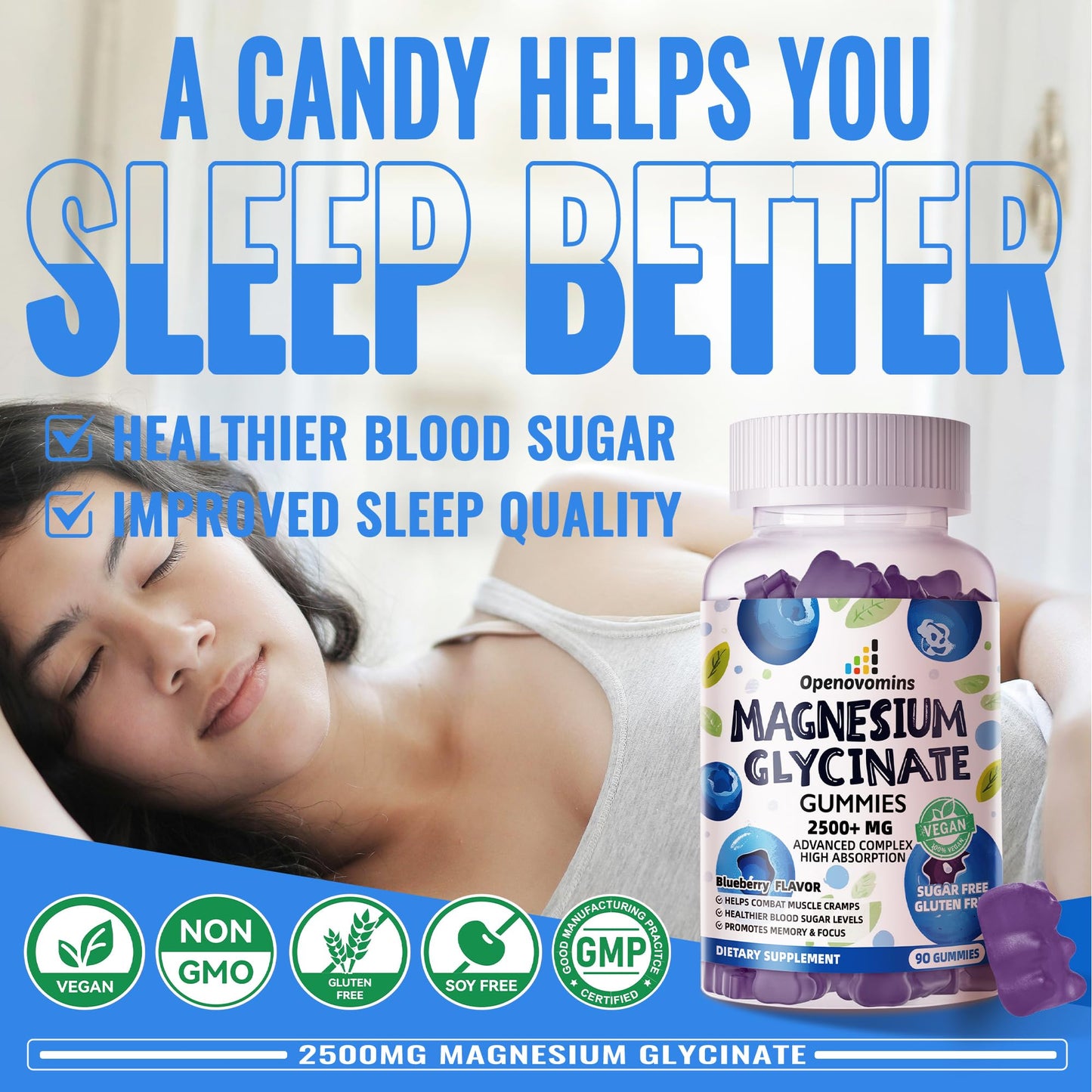 Magnesium Glycinate Gummies 2500mg - Sugar Free Calm Mood & Sleep Support (90 Blueberry)