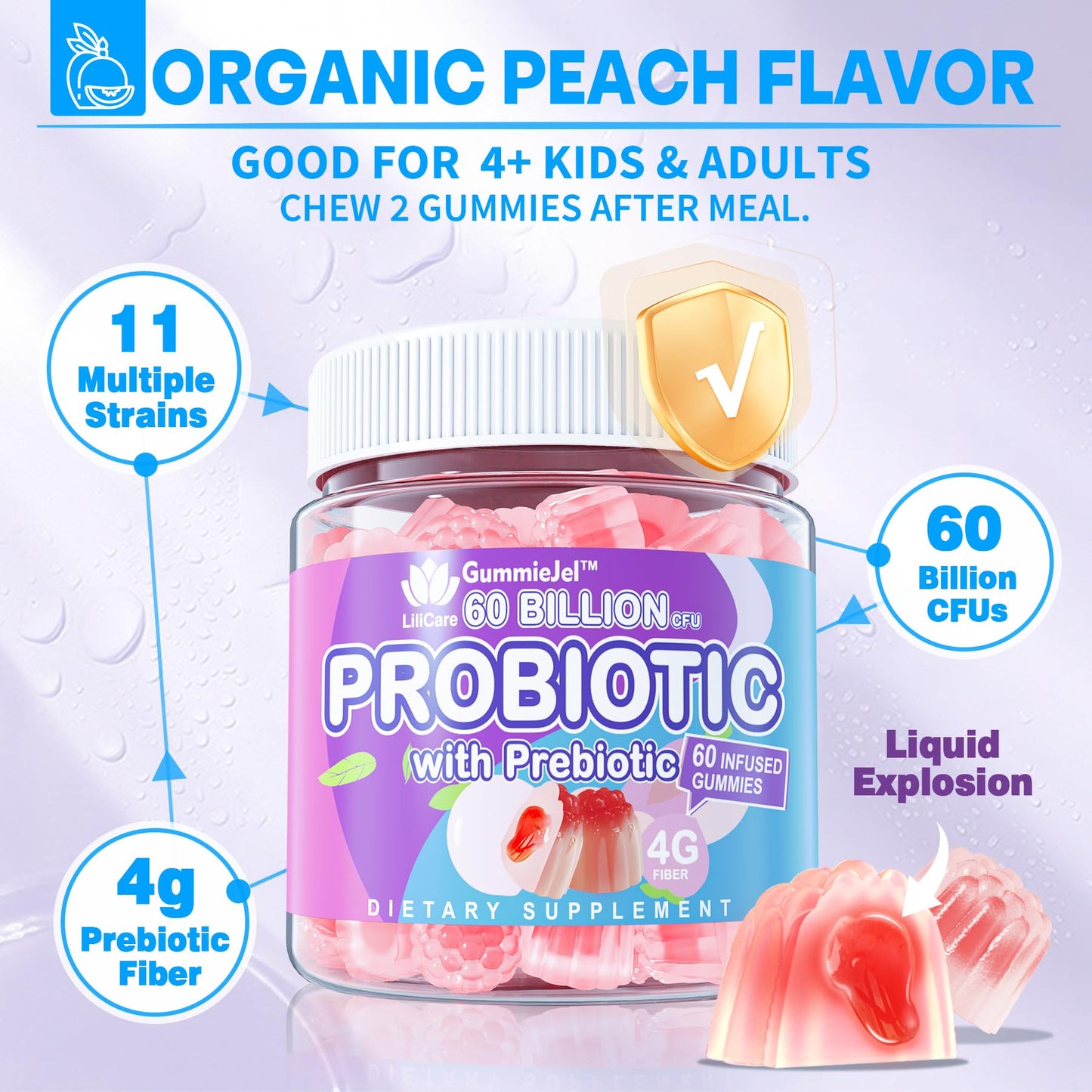 Sugar Free Probiotic Gummies 60B CFU | 11 Strains + Prebiotics Fiber | Peach Flavor