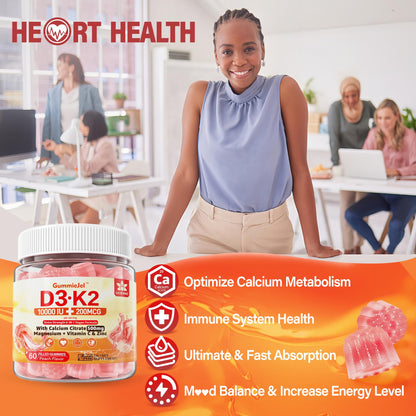 Vitamin D3 K2 Gummies 5000/10000 IU – Vegan, 60 Count | Calcium 500mg, MK-7 200mcg
