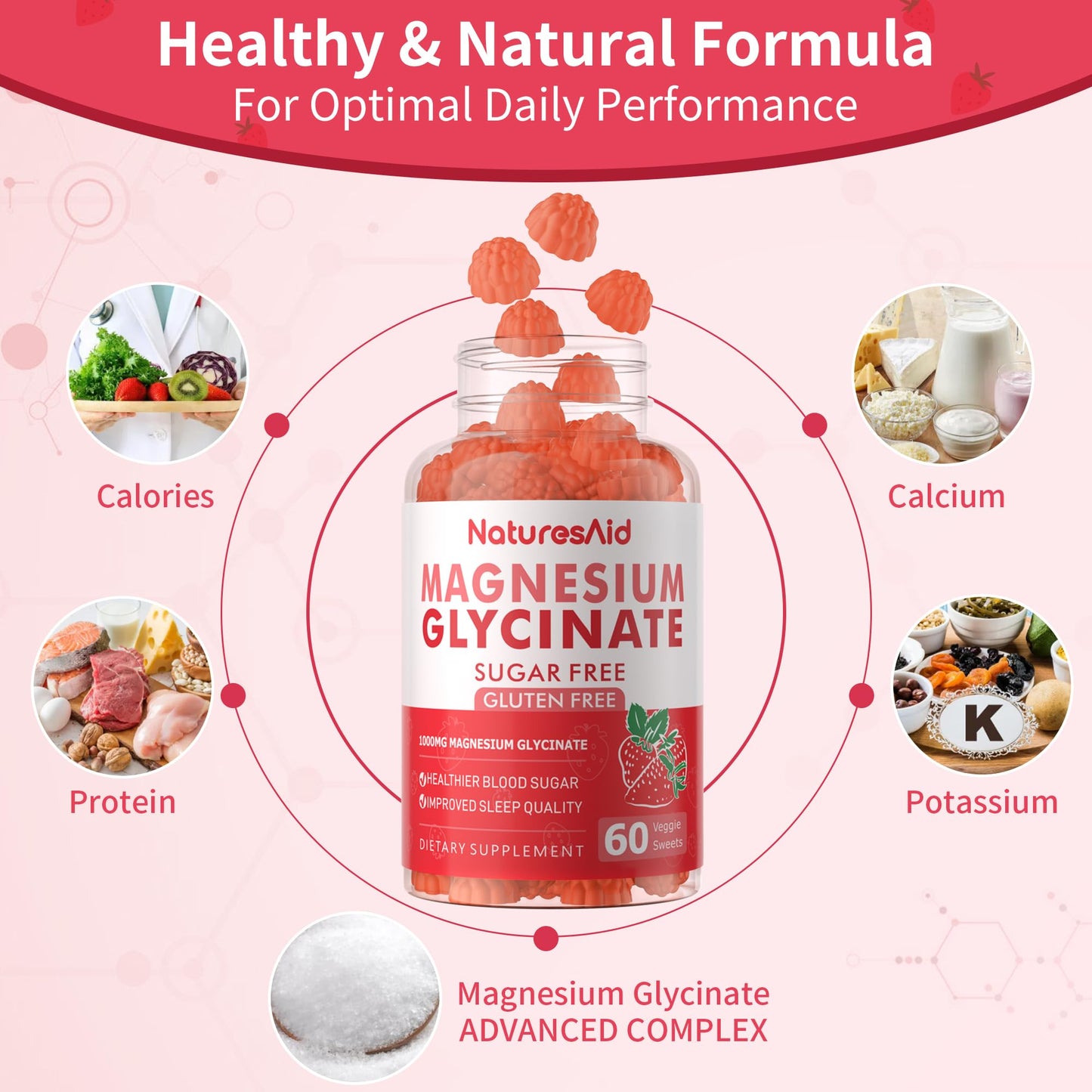 Magnesium Glycinate Gummies 1000mg – Sugar-Free Magnesium, Potassium with Vitamin D, B6, CoQ10 | 60 Strawberry Gummies