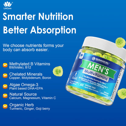 Mens Multivitamins Gummies - Multiminerals, Vegan Omega-3, Probiotics (60 count)