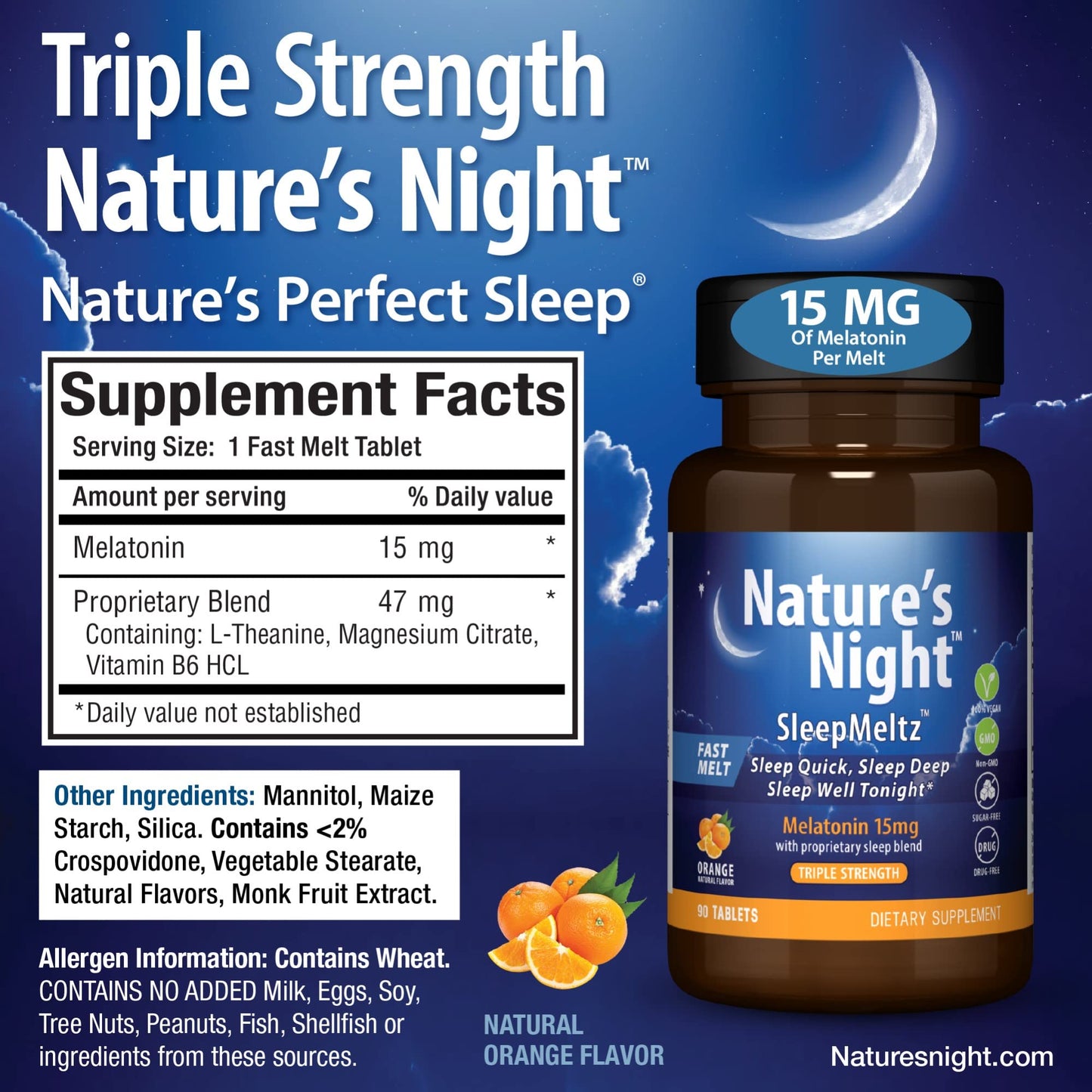 Nature's Night Melatonin 15mg Quick-Dissolve | Triple Strength Sleep Support, Orange Flavor, 90 Count – Sugar Free, Vegan, Non-GMO, Drug Free