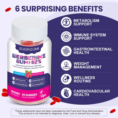 SugrGumi Berberine Gummies 1500mg – Vegan Sugar-Free Non-GMO | Immune & Metabolism Support | Raspberry
