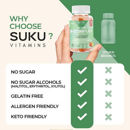 SUKU Vitamin B Complex Gummies with Vitamin C - Sugar Free, Vegan (Peach, 50 Gummies)