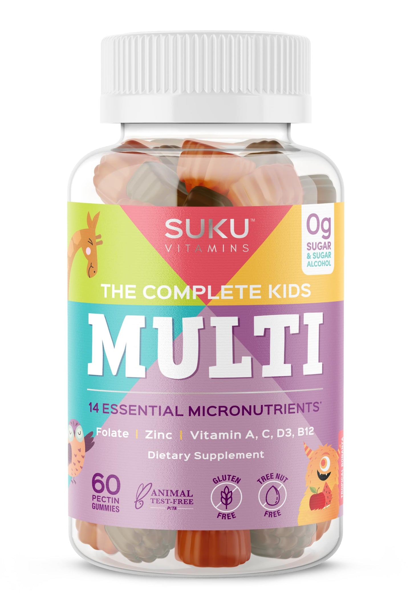 SUKU Complete Kids Multivitamin Gummies | Immune Support, 0g Sugar, Gluten-Free, Non-GMO | Tropical Bonanza Flavor – 60 Count