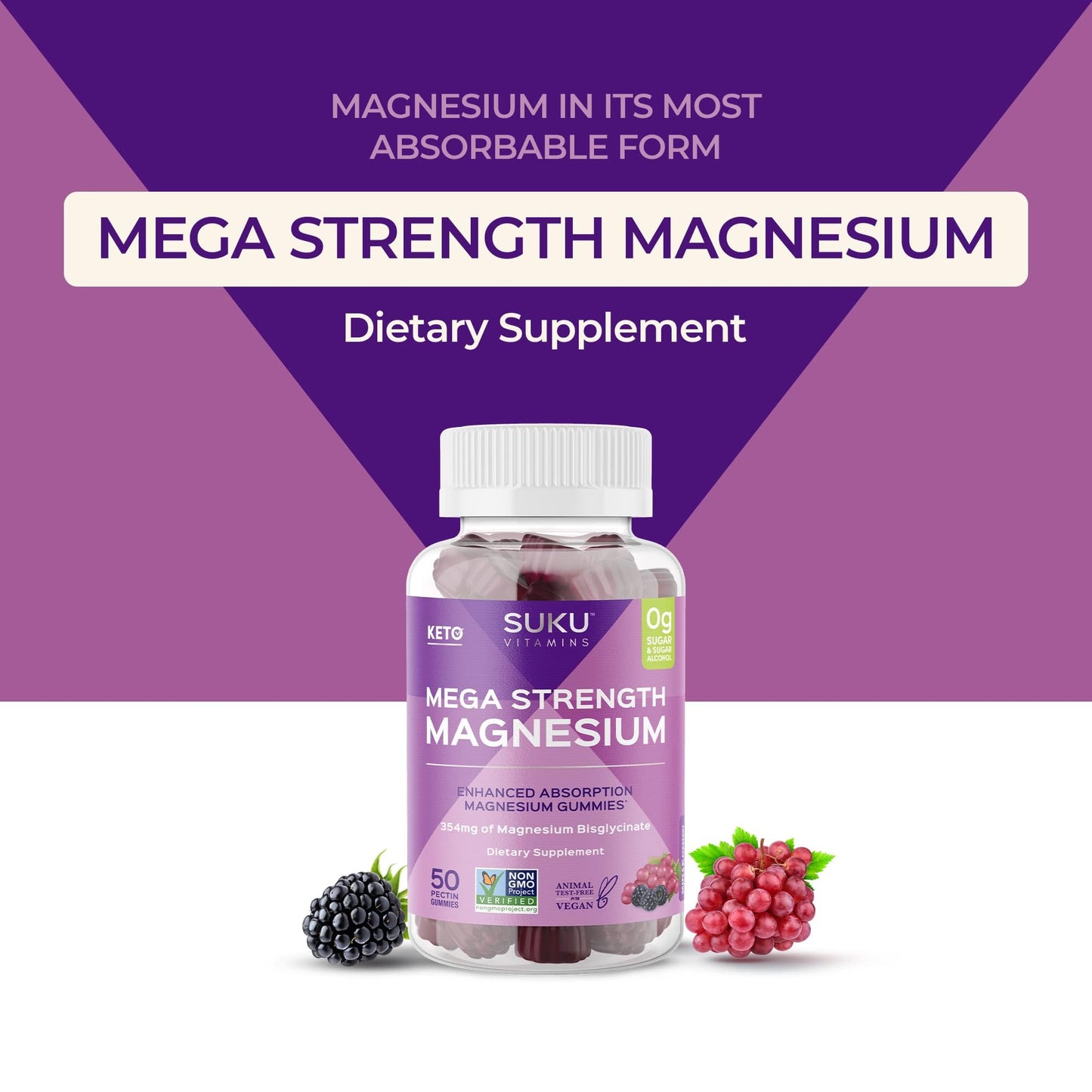 SUKU Vitamins Mega Strength Magnesium Gummies – 177 mg Bisglycinate, 50 Count