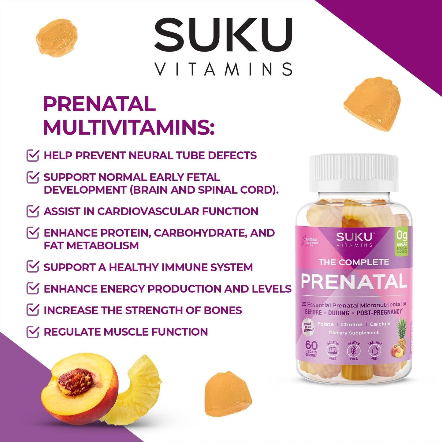 SUKU Prenatal Multivitamin Gummies – Folate, Calcium, Vitamin D3, B12, K2 | Sugar-Free, Vegetarian, Gluten-Free – Pineapple Peach Flavor – 60 Count