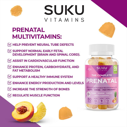SUKU Prenatal Multivitamin Gummies – Folate, Calcium, Vitamin D3, B12, K2 | Sugar-Free, Vegetarian, Gluten-Free – Pineapple Peach Flavor – 60 Count