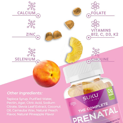 SUKU Prenatal Multivitamin Gummies – Folate, Calcium, Vitamin D3, B12, K2 | Sugar-Free, Vegetarian, Gluten-Free – Pineapple Peach Flavor – 60 Count