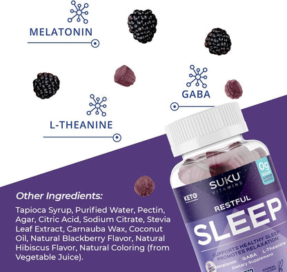 SUKU Restful Sleep Gummies – 3 mg Melatonin, L-Theanine & GABA | Vegan, Sugar-Free Sleep Support – BlackBerry-Hibiscus Flavor, Non-GMO, Gluten-Free – 50 Count