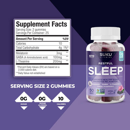 SUKU Restful Sleep Gummies – 3 mg Melatonin, L-Theanine & GABA | Vegan, Sugar-Free Sleep Support – BlackBerry-Hibiscus Flavor, Non-GMO, Gluten-Free – 50 Count