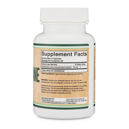Sulforaphane Supplement - 20mg per Serving (120 Capsules) - Potent Broccoli Extract for Healthy Aging - Derived from Broccoli Sprouts, Vegan Safe | Double Wood