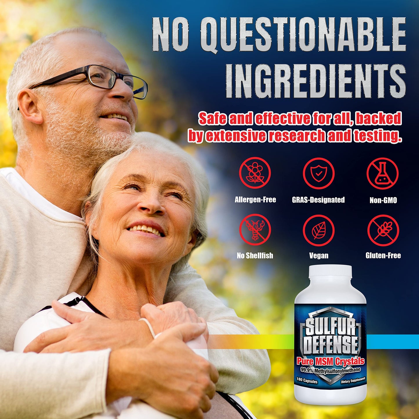 Sulfur Defense Opti-MSM 99.9% Pure MSM Powder Capsules – Made in USA, Non-GMO, Gluten-Free, 180 Caps