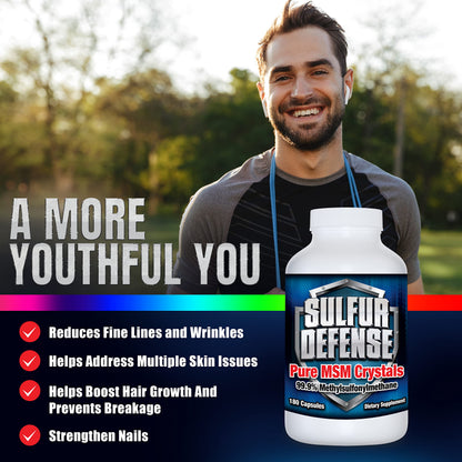 Sulfur Defense Opti-MSM 99.9% Pure MSM Powder Capsules – Made in USA, Non-GMO, Gluten-Free, 180 Caps