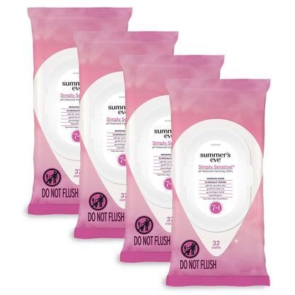 Summer's Eve Simply Sensitive Daily Gentle Feminine Wipes - Removes Odor, pH Balanced, 32 Count, 4 Pack