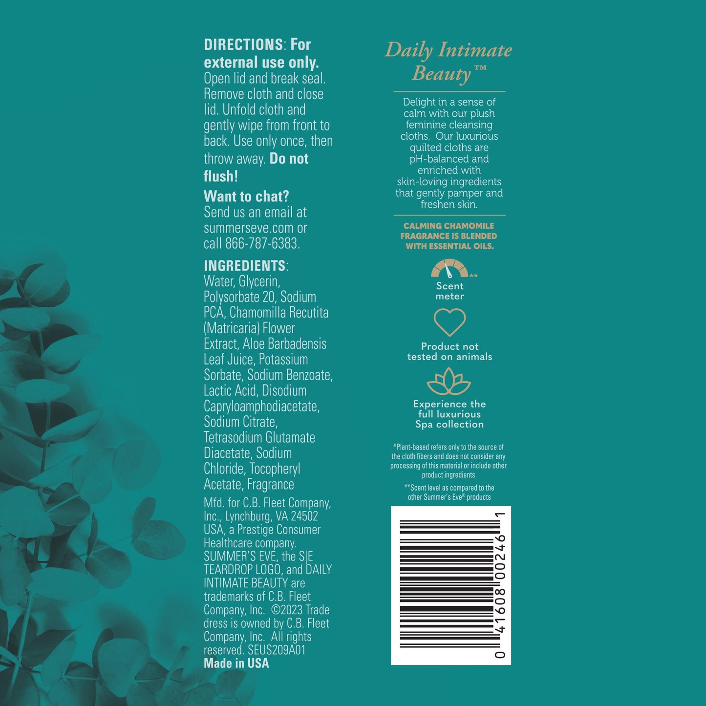 Summer's Eve Spa Calming Chamomile Feminine Wipes, 24 Count – 100% Plant Based, pH Balanced Plush Cloths