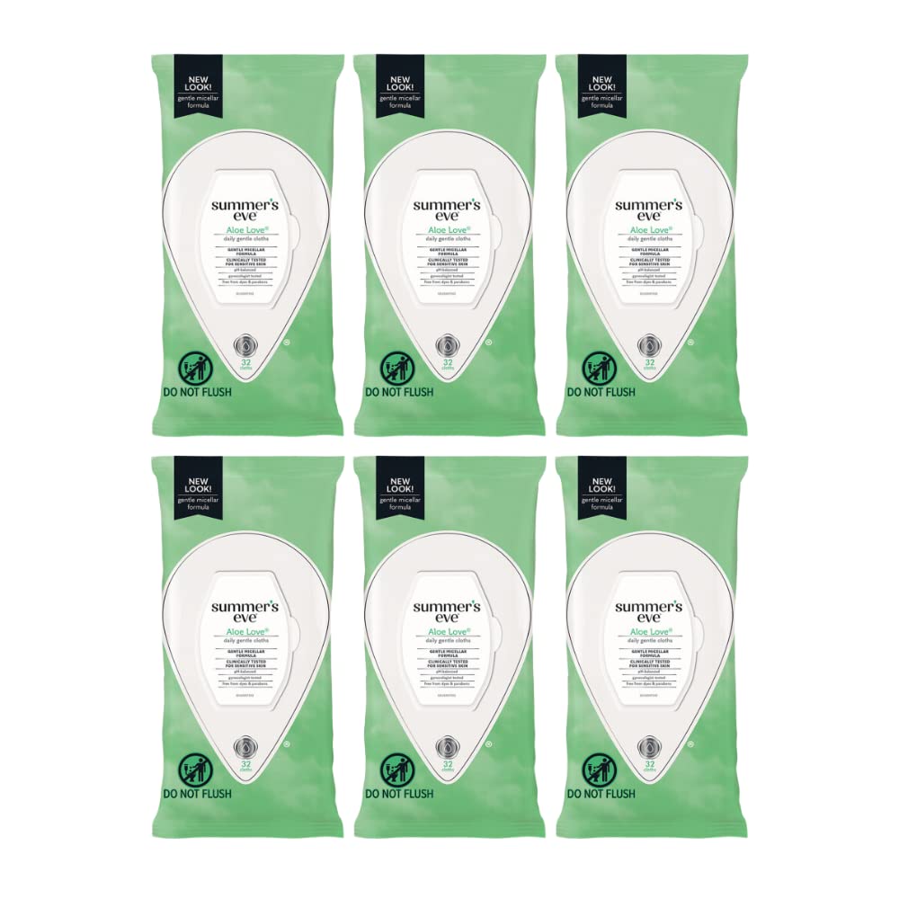 Summer's Eve Aloe Love Cleansing Cloths – 32 Count, 6 Pack | Gentle, pH-Balanced Wipes