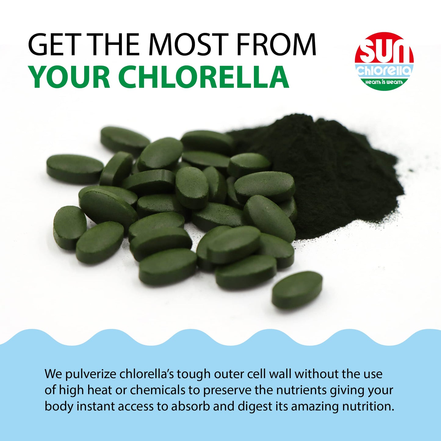 Sun Chlorella 500mg Whole Body Wellness Green Algae — 600 Tablets | Non-GMO, Chlorophyll, B12 & Iron